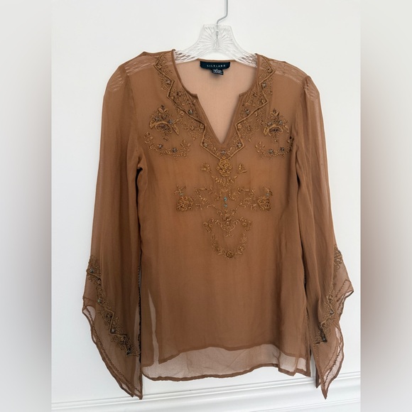 SilkLand Tops - Vintage 100% Silk sheer tan fairycore boho Blouse Beaded Flutter Sleeves Top S